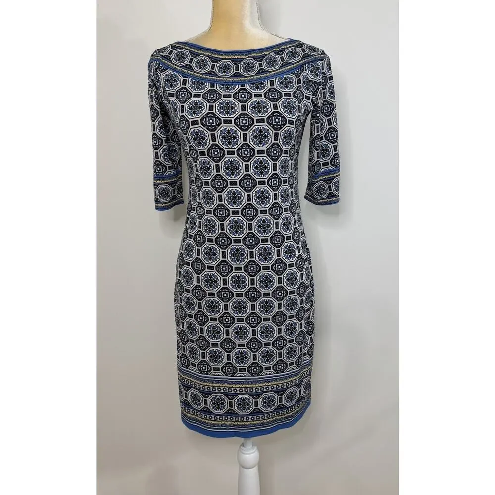 NWT Max Studio Geometric Print Boat Neck Sheath Dress Size S Blue Multi